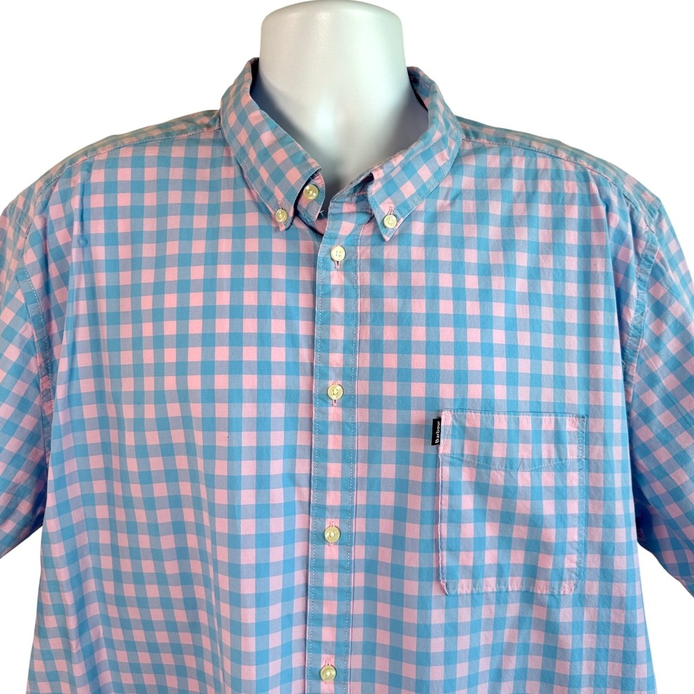Barbour Mens Tailored Fit Gingham 5 Cotton Shirt Sz XL Pink Blue Button Front